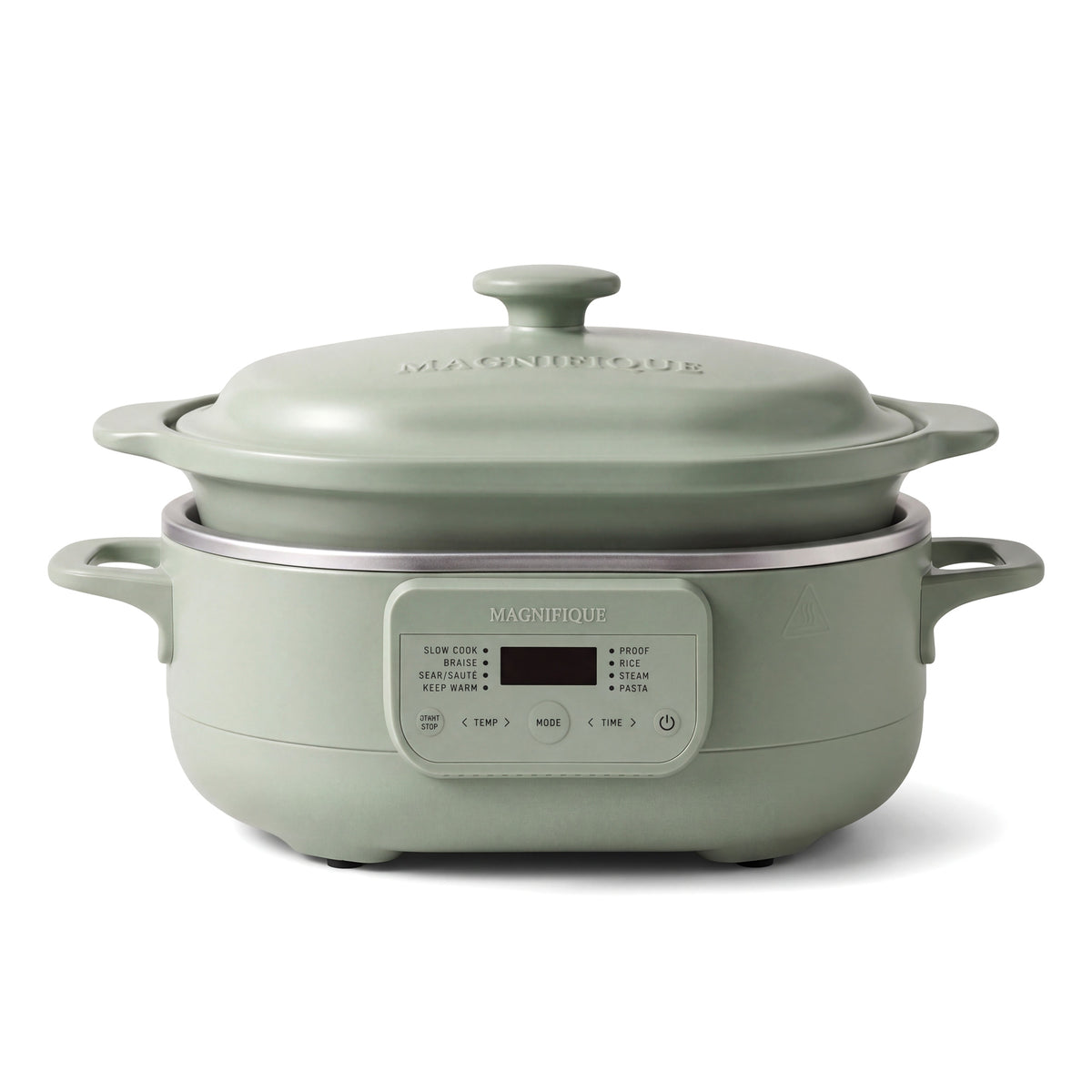 6 quart Sage Casserole Claypot Multi-Cooker with lid and digital control panel, front view