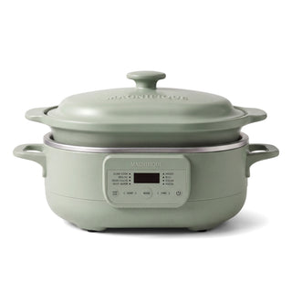6 quart Sage Casserole Claypot Multi-Cooker with lid and digital control panel, front view
