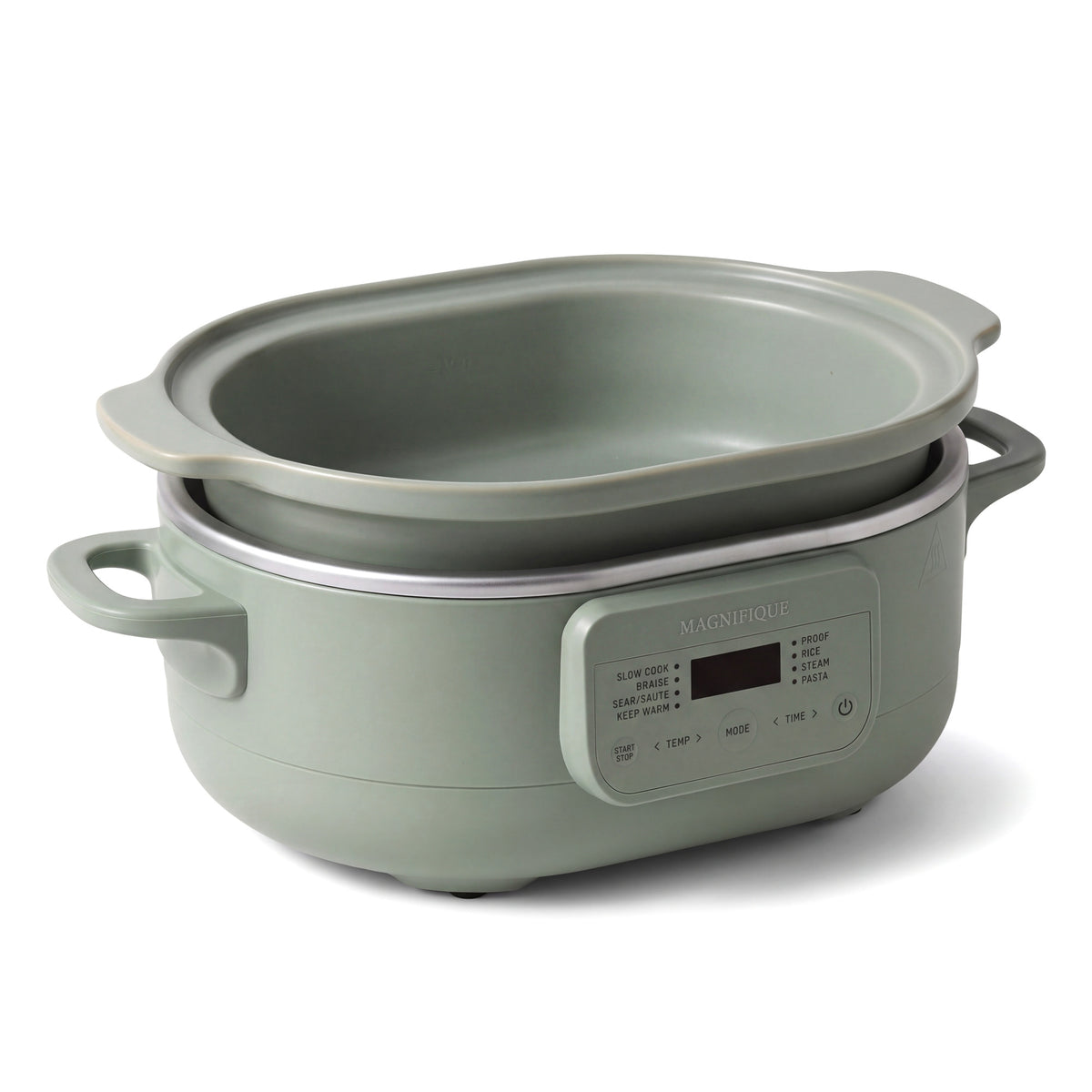 6 quart Sage Casserole Claypot Multi-Cooker base with the clay pot, lid removed