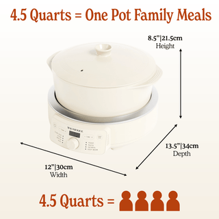 Round Claypot Multi-Cooker dimensions with capacity of 4.5 quarts for non-toxic family meals.