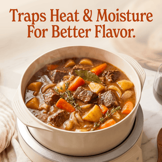 Round Claypot Multi-Cooker with simmering stew, trapping heat and moisture for enhanced flavor.