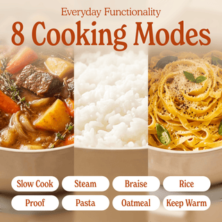 Round Claypot Multi-Cooker showcasing 8 cooking modes: Slow Cook, Steam, Braise, Rice, Proof, Pasta, Oatmeal, Keep Warm.