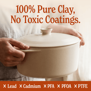 Round Claypot Multi-Cooker made from 100% pure clay, free from toxic coatings, perfect for healthy cooking.