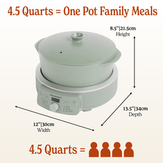 Round Claypot Multi-Cooker with dimensions, showing 4.5 quarts for family meals, non-toxic, green design.