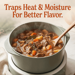 Round Claypot Multi-Cooker with beef stew, trapping heat and moisture for enhanced flavor.