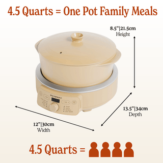 Round Claypot Multi-Cooker dimensions, featuring 4.5 quarts capacity for healthy, non-toxic family meals.