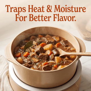 Delicious meal in Round Claypot Multi-Cooker, trapping heat and moisture for enhanced flavor.