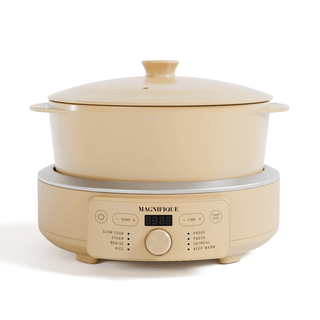 Round Claypot Multi-Cooker for healthy cooking, featuring non-toxic material and multiple cooking functions.