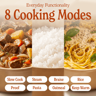 Eight cooking modes of the Round Claypot Multi-Cooker including Slow Cook, Steam, and Rice for versatile meal preparation.