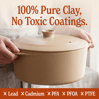 Round Claypot Multi-Cooker made from 100% pure clay, showcasing non-toxic coatings for healthy cooking.