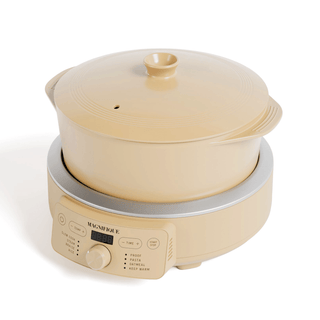 Round Claypot Multi-Cooker in beige with digital controls, made from 100% pure clay for non-toxic cooking.