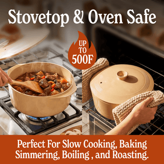 Round Claypot Multi-Cooker, stovetop & oven safe, perfect for slow cooking, baking, simmering, boiling, and roasting.