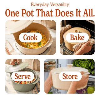 Round Claypot Multi-Cooker showcasing cooking, baking, serving, and storing features in one versatile pot.