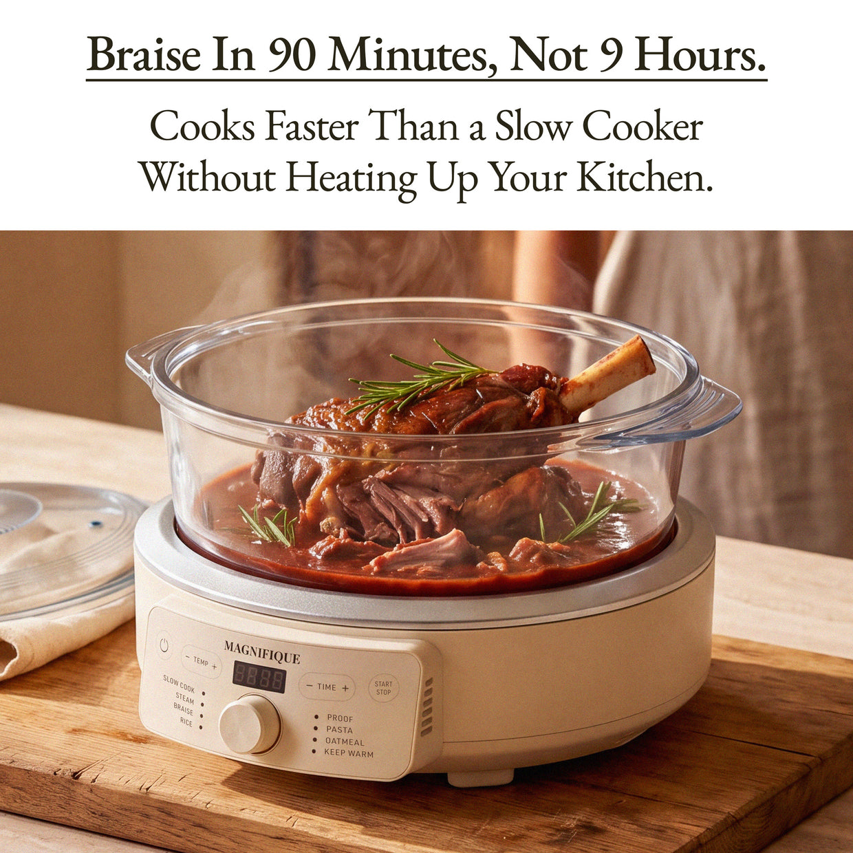 Magnifique slow cooker with a glass roasting pan containing a cooked meat dish, shown on a wooden surface with a lid beside it. Text at the top reads, 'Braise In 90 Minutes, Not 9 Hours.