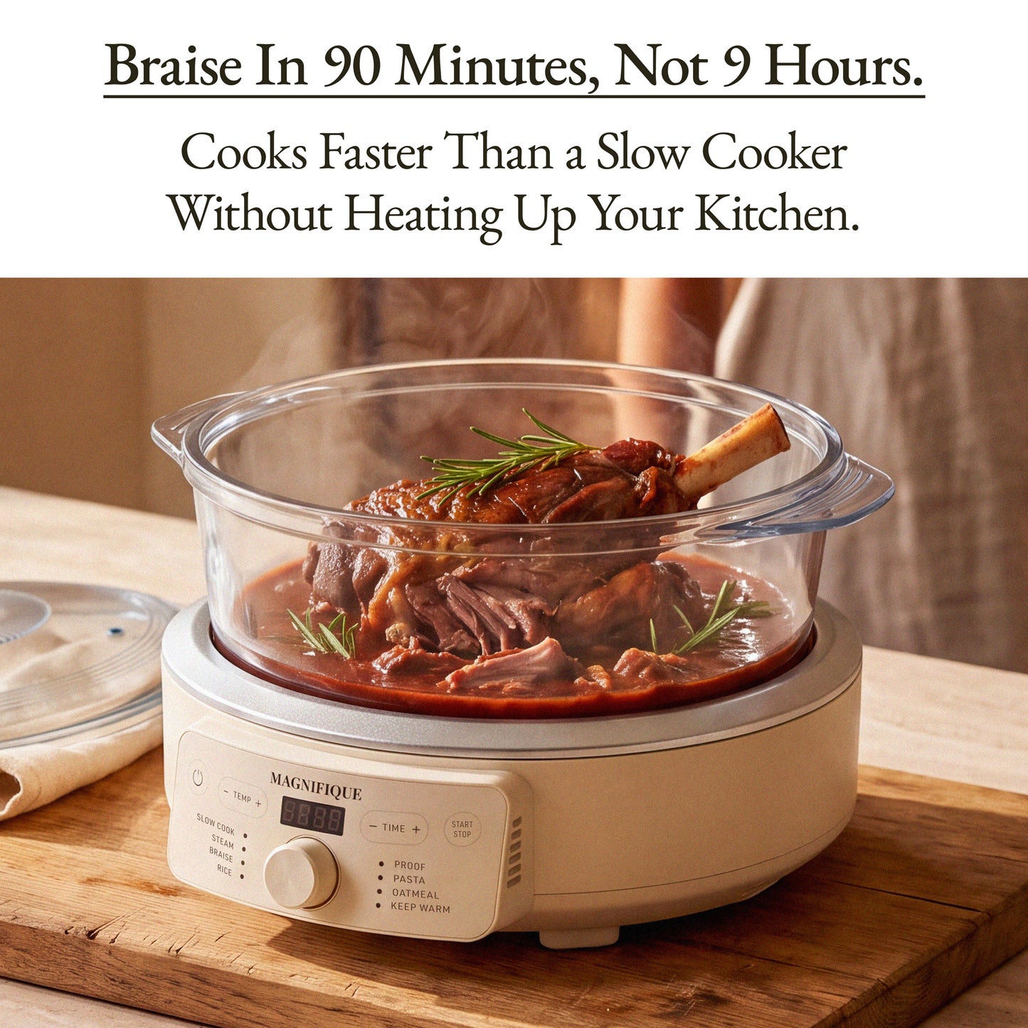 Magnifique slow cooker with a glass roasting pan containing a cooked meat dish, shown on a wooden surface with a lid beside it. Text at the top reads, 'Braise In 90 Minutes, Not 9 Hours.