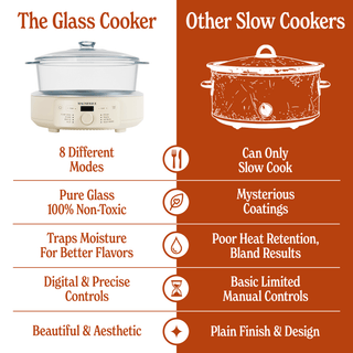 Comparison of Glass Pot Multi-Cooker and other slow cookers, showcasing versatility and non-toxic materials.