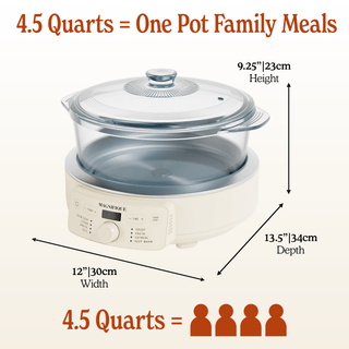 Glass Pot Multi-Cooker dimensions and features for family meals, 4.5 quarts capacity in a non-toxic design.
