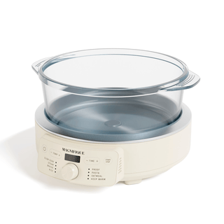 Glass Pot Multi-Cooker showcasing its versatile design for slow cooking, pasta making, and bread proofing.