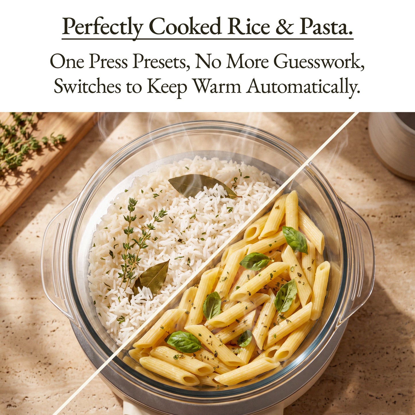 A clear round rice cooker or slow cooker shown on a beige countertop, with white rice on the left and cooked penne pasta on the right, split diagonally. Text at the top reads: 'Perfectly Cooked Rice & Pasta.