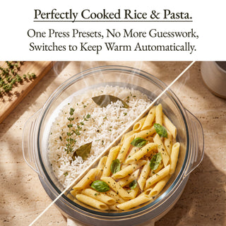 A clear round rice cooker or slow cooker shown on a beige countertop, with white rice on the left and cooked penne pasta on the right, split diagonally. Text at the top reads: 'Perfectly Cooked Rice & Pasta.