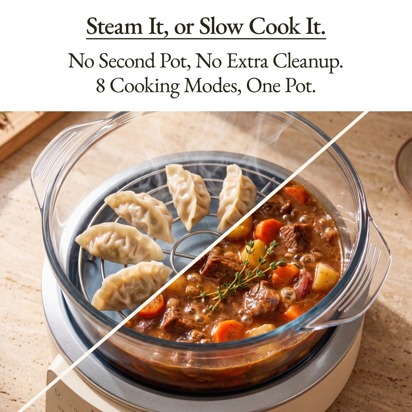 A clear glass cooking pot with a lid and handle sits on a white base on a light wood countertop. The pot is shown with food inside: dumplings on a steaming rack on the left and a stew with carrots and herbs on the right, split diagonally by a white line.