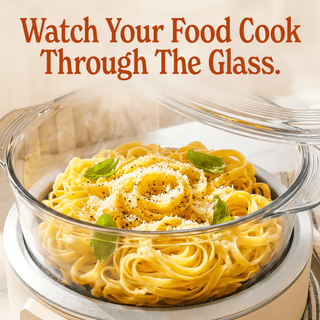 Glass Pot Multi-Cooker showcasing pasta cooking through the transparent glass, highlighting its non-toxic materials.