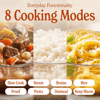 Glass Pot Multi-Cooker showcasing 8 cooking modes: Slow Cook, Steam, Braise, Rice, Proof, Pasta, Oatmeal, Keep Warm.