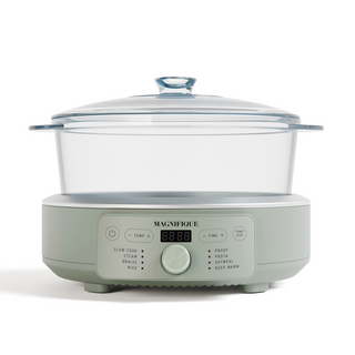 Sage Glass Pot Multi-Cooker with clear glass pot and lid on its digital control base, front view