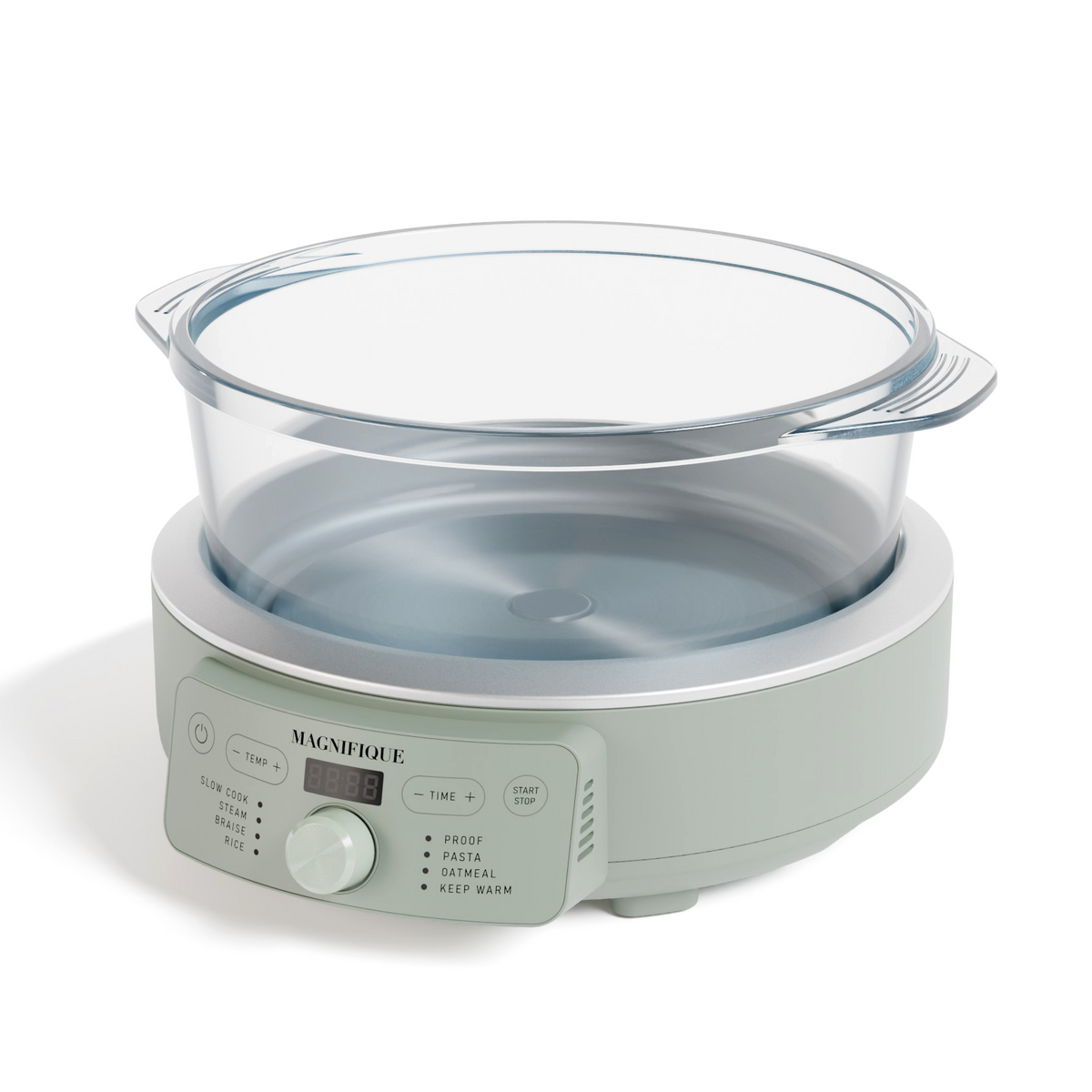 Sage Glass Pot Multi-Cooker base with the clear glass pot, lid removed, angled view of the control panel