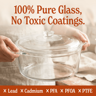 Hands holding a Glass Pot Multi-Cooker showcasing 100% pure glass with no toxic coatings.