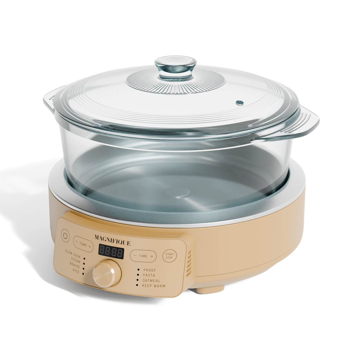 Brown Sugar Glass Pot Multi-Cooker with clear glass pot and lid on its tan digital control base