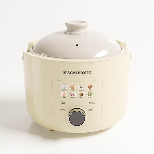 Oatmeal Clay Pot Rice Cooker with lid and front digital control panel, front view