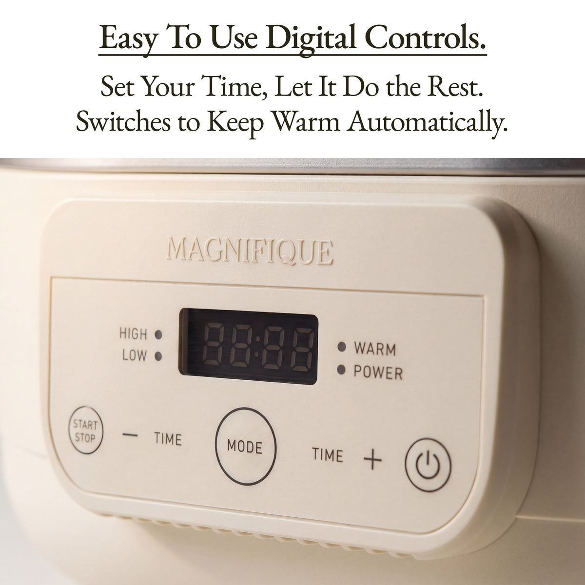 Close-up of digital controls on The Slow Cooker, showcasing easy-to-use buttons for setting time and warming automatically.