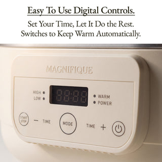 Close-up of digital controls on The Slow Cooker, showcasing easy-to-use buttons for setting time and warming automatically.