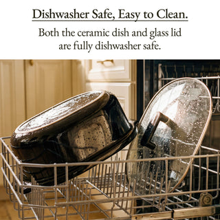 The Slow Cooker ceramic dish and glass lid in dishwasher, showcasing dishwasher safe feature.