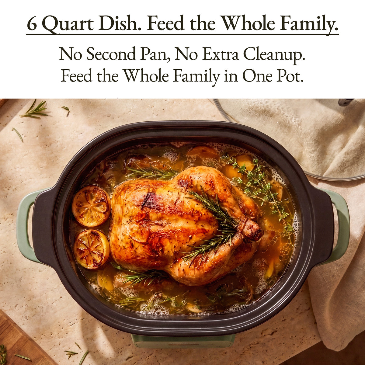 The Slow Cooker with a succulent chicken and herbs, ideal for family meals in one pot.