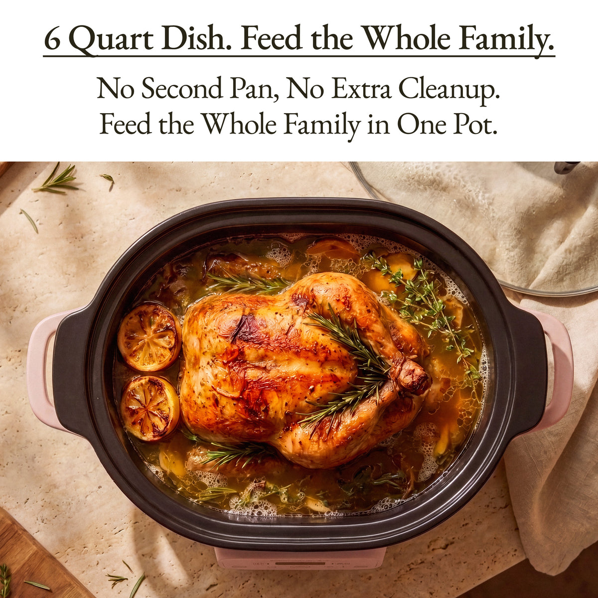 Delicious meal being prepared in The Slow Cooker, showcasing a roasted chicken and herbs in a 6 quart dish.