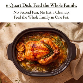 The Slow Cooker featuring a 6-quart dish with a roast chicken and vegetables, perfect for family meals.