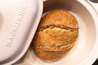 The Claypot: Pot & Lid Set showcasing a loaf of bread, perfect for chemical-free cooking and non-toxic air fryer use.
