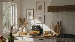The Casserole Air Fryer in a bright kitchen with fresh vegetables, showcasing eco-friendly cooking options.